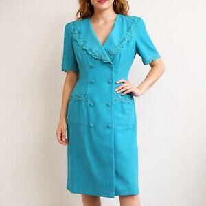 Vintage 80s Susan Bennett Blue Midi Dress Lace Trim Double Breasted 12